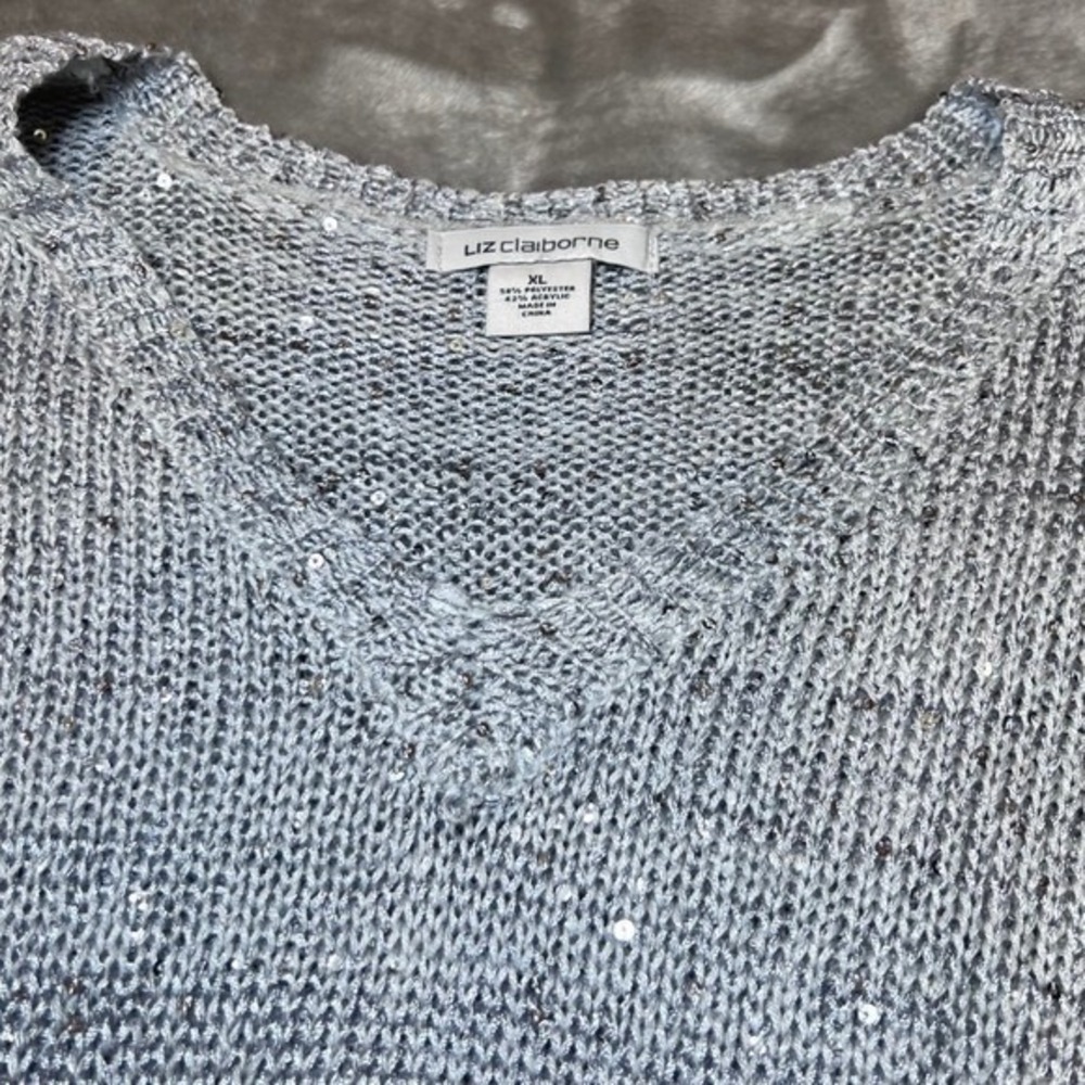 Liz Claiborne Womens Size XL V Neck Sweater Silver Sequin Knit Sparkly Chic - Picture 5 of 8
